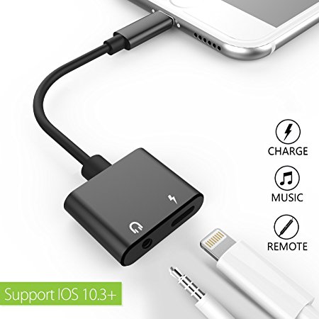 2 in 1 Lightning to 3.5mm Audio Adapter, Headphone Jack Adapter for iPhone 7/7 Plus,[supports IOS 10.3.2 or later],lightning to 3.5 mm adapter 2 in 1, Charge & Listen at the same time ( Without Phone Answer Function ) (Black)