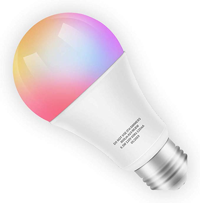 Smart LED Bulb WiFi E26 Dimmable Multicolor Light Bulb Compatible with Alexa, Echo, Google Home and IFTTT No Hub Required, A19 60W Equivalent RGBW Color Changing Bulb (9.5W), UL Listed (1 Pack)