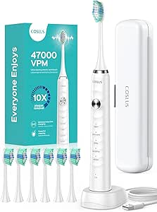 COSLUS Electric Toothbrush for Adults and Kids: Wireless Rechargeable Tooth Brush with Portable Travel Case, 5 Modes 47000 VPM Power Toothbrushes 6 Brush Heads 1 Charge for 70 Days White