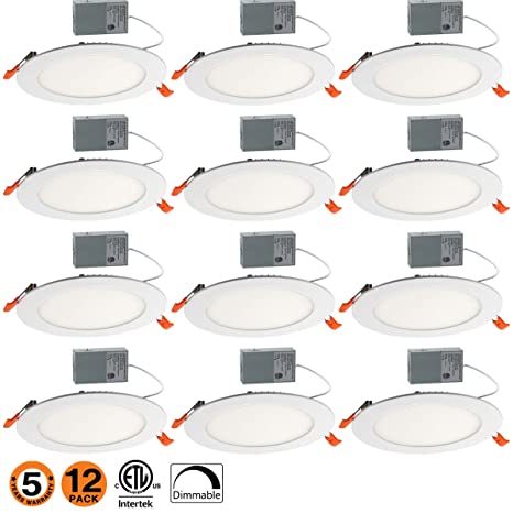 Slim Led Downlight Dimmable 6 Inch 12W (=100W) 950LM 5000K Daylight White ETL Listed Recessed Trim Ceiling Light Fixture 12 Pack-50K