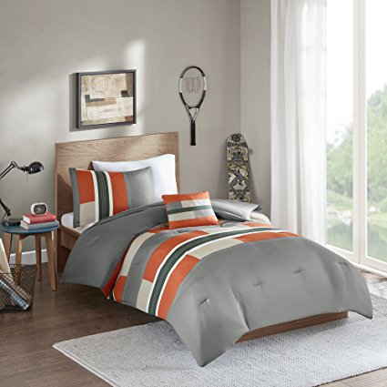 Comfort Spaces Pierre Comforter Set - 3 Piece - Gray/Orange - Multi-Color pipeline Panels - Perfect For Dormitory - Boys - Twin/Twin XL size, includes 1 Comforter, 1 Sham, 1 Decorative Pillow