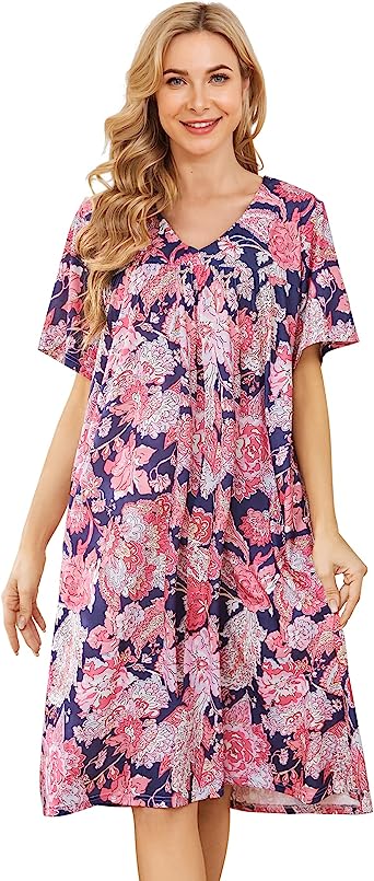 Women's Nightgown Short Sleeve Lounger House Dress Casual Printed Patio Dress with Pockets