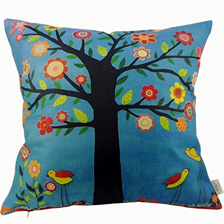 HOSL Cotton Linen Retro Pillow Case Decorative Cushion Cover - Cute Birds on Tree(NO Pillow)