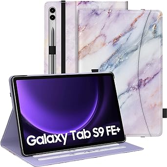 MoKo Case for Samsung Galaxy Tab S9 FE Plus 12.4-Inch 2023 SM-X610/SM-X616, PU Leather Multi-Angle Viewing Folding Stand Cover Case with S-Pen Holder, Front Pocket, Auto Wake/Sleep, Purple Marble