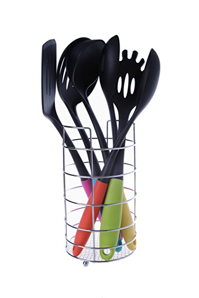 Kitchen Utensils Set - Non-Stick Nylon & Silicone Cooking Tools with Metal Holder - Includes Pasta Server, Slotted Spatula, Slotted Skimmer, Ladle, Spoon, and Slotted Spoon - 6 Piece Set