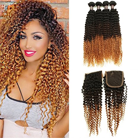Ali Funmi 3 Tone Color Brazilian Ombre Kinkys Curly Hair Bundles with Closure (12 14 16 12) Grade 8A Virgin Ombre Curly Human Hair Bundles with 4x4 Free Part Lace Closure 1B-4#-27#