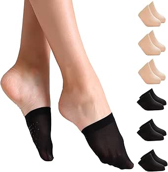 Toe Topper Socks Women 6 Pairs, No Show Liner Half Socks for Heels, Non-Skid Bottom Mule Socks