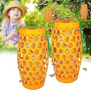 Wasp Traps Outdoor Hanging, Wasp Repellent for Indoor/Outdoor, Carpenter Bee Trap for Outside, Insect Trap, Yellow Jacket Trap, Bee Killer, Fake Wasp Nest&Paper Wasps-2 Pack 4 Sticky Boards(Orange)