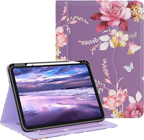 OKP Case for iPad 10th Generation 2022, 10th gen ipad case with Multi-Angle Viewing PU Leather Flio Stand Cover with Pencil Holder & Pocket, Auto Sleep/Wake, PurpleFlower