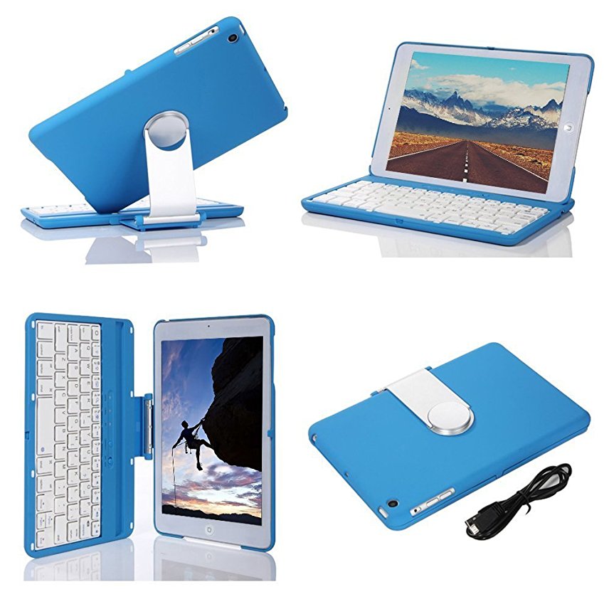 Boriyuan Wireless Bluetooth 3.0 Keyboard with Case and 360 Degree Rotating Stand Case Cover, Screen Protector and Stylus for Apple iPad Mini 7.9 Blue 2.4GHz