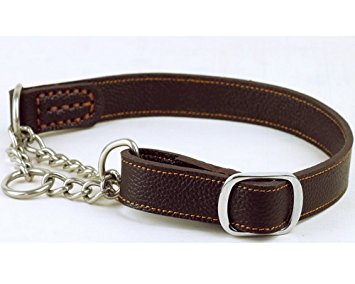 Strimm Humane Training Half Semi Choke Soft Leather Chain Dog Martingale Collar for Control Small Medium Large Breed Dog-Brown/Black