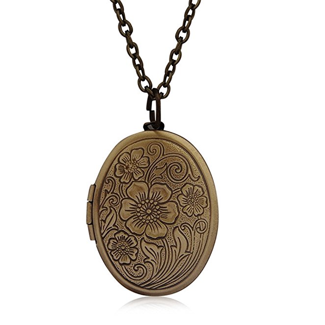 4EAELove DIY Antique Bronze Striped Shell Heart Flower Charm Pendant Picture Locket Necklace