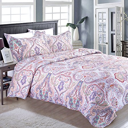 Bedsure "Floral Marrakesh" Printed Quilt Set -- Bedspread and Coverlet, Quilt and Sham, Hypo-allergic and Lightweight -- Twin, Crimson Blue