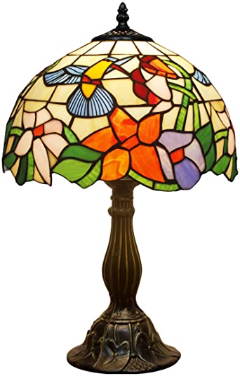 Tiffany Lamp W12H18 Inch Hummingbird Stained Glass Reading Table Beside Desk Light 1 Bulb Antique Art Zinc Base Decorate for Girlfriend Living Room Bedroom S101 WERFACTORY