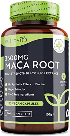 Maca Root Capsules 3500mg – 180 Vegan Capsules – High Strength Maca Root Extract – 6 Month Supply – Made in The UK by Nutravita