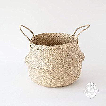 DUFMOD Medium Natural Woven Seagrass Tote Belly Basket for Storage, Laundry, Picnic, Plant Pot Cover, and Beach Bag (Zigzag Chevron Natural Seagrass, Medium)