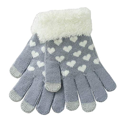 NSSTAR Warm Winter Women Girls Love Heart Style Fluffy Knit Knitting Smart Touchscreen Texting Gloves With Conductive Fingertips For Iphone Ipad Samsung All Touchscreen Electronic Devices (Grey)