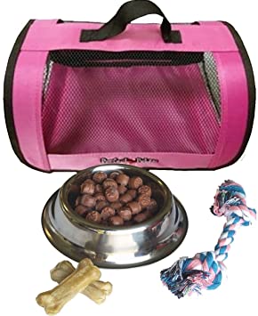 Perfect Petzzz Pink Tote For Plush Breathing Pets with Dog Food, Treats, and Chew Toy