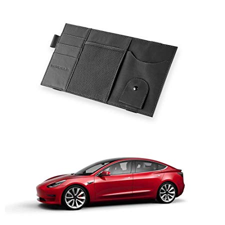 Tesla Model 3 Car Sun Visor Organizer Auto Interior Accessories Sunglass Pen CD Card Small Document Storage Pouch Holder, Cow Leather, Multi-Pocket Road Trip Essential Gift for Mode(sun visor black)