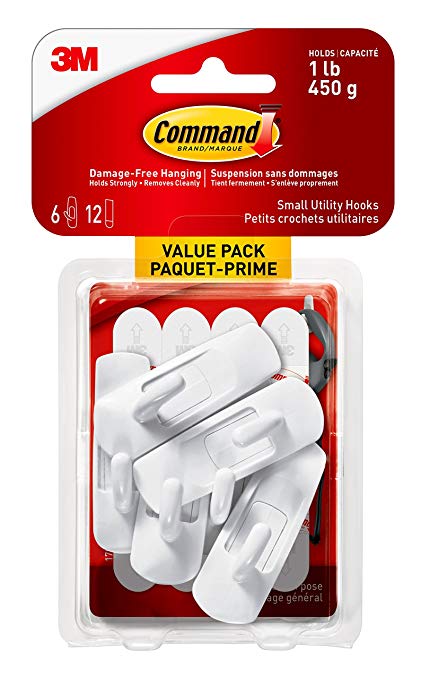 Command 17002C-VP Utility Hooks Value Pack, Small, White, 6 Hooks 12 Small Strips