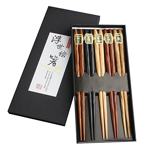 LNE Luxury Natural Wooden Chopsticks Unique Multicolored Multicultural Ancient Asian Wisdom Reusable Classic Style 5-piece Gift Set