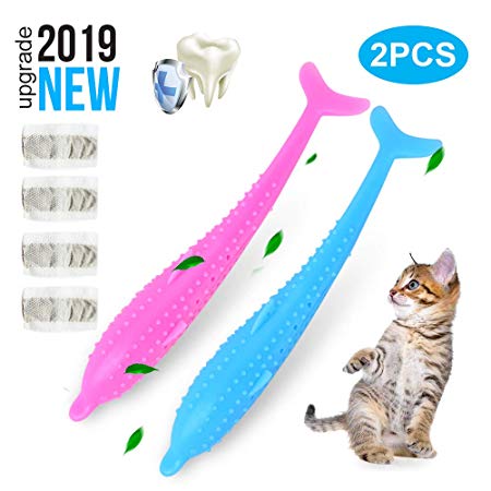 【2019 New 】 Pet Cat Fish Shape Catnip Toothbrush Toy, Simulation Fish Shape Cat Interactive Toy, Catnip Silicone Molar Stick, Teeth Cleaning Toy for Kitten Cats or Cat-2Pack
