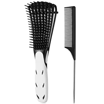 2 Pieces ez Detangler Brush 4c Hair Set with Rat Tail Comb for Curly Hair Detangler for Afro America Afro Textured 3a to 4c Kinky Wavy, for Wet/Dry/Long Thick Curly Hair (Black White Dot, Black)