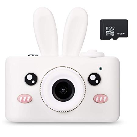 Abdtech Gifts Rabbit Kids Camera, Rechargeable Digital Cameras with Shockproof Soft Cover, Mini Toy Cameras for 5-10 Years Old Girl Boys Including 16GB SD Card, Perfect for Birthday Festival Presents