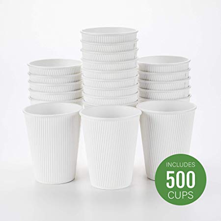 500-CT Disposable White 12-OZ Hot Beverage Cups with Ripple Wall Design: No Need for Sleeves – Perfect for Cafes – Eco-Friendly Recyclable Paper – Insulated – Wholesale Takeout Coffee Cup