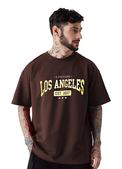 TROND Overiszed Cottonblend Half Sleeve Drop Shoulder Men's Tshirt (Color: Brown)