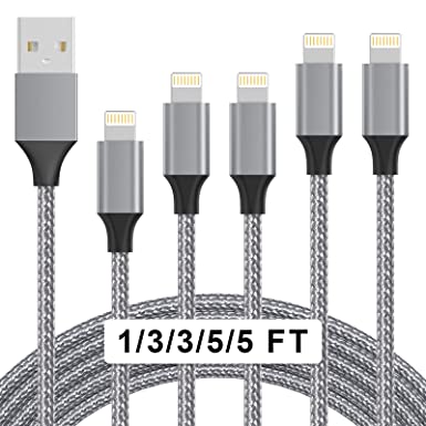 iPhone Charger Cable, [Apple MFi Certified] Lightning Cable 5PACK (1/3/3/5/5FT) Nylon Braided USB Charging Cable Compatible with iPhone 14/13/12/11Pro Max/XS MAX/XR/XS/X/8/7 and More