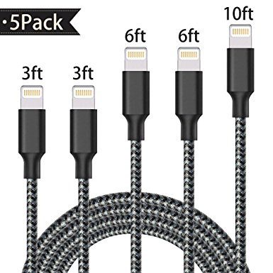 Lightning Cable,AOFU Charger Cables 5Pack 3FT 3FT 6FT 6FT 10FT to USB Syncing Data and Nylon Braided Cord Charger for iPhone X/8/8Plus/7/7Plus/6/6Plus/6s/6sPlus/5/5s/5c/SE and more (Black White)-1806