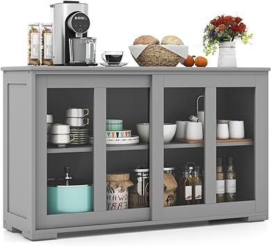 COSTWAY Buffet Sideboard with Storage, 2-Door Floor Cupboard with Sliding Tempered Glass Cabinet & Adjustable Shelf, Stackable Storage Cabinet for Kitchen, Entryway (Gray)