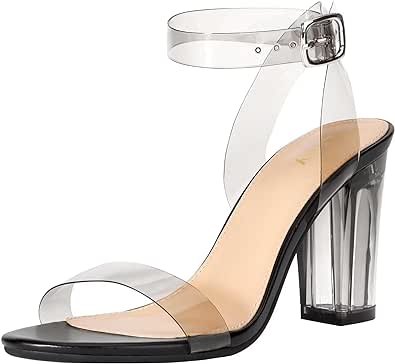 ZriEy Clear Block Sandals Chunky Heels for Women 3.35 Inch Open Toe Adjustable Ankle Strap Pump Sandals for Weddings Parties Daily Wear