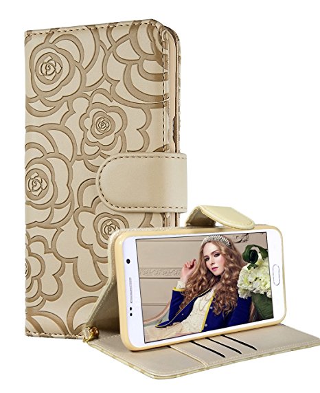 Galaxy S6 Edge Plus Wallet Case, FLYEE® Premium Vintage Emboss Flower Flip Wallet Shell PU Leather Magnetic Cover Skin with Detachable Wrist Strap Case for Samsung Galaxy S6 Edge Plus (Beige)