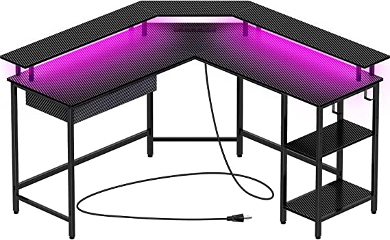 Rolanstar Computer Desk Carbon Fiber Surface with Drawer,55" L Shaped Computer Corner Gaming Desk with LED Strip & Power Outlets and Monitor Stand,Home Office Desk with USB Port&Hook,Black