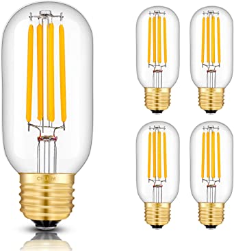 CRLight LED Tubular Bulb 5W 3000K Soft White, 55W Equivalent 550 Lumens, E26 Base Antique Edison Style T14 / T45 Clear Glass Dimmable LED Filament Light Bulbs, Pack of 4