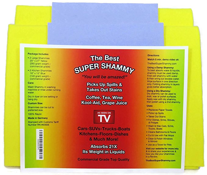 The Best Super Shammy Chamois 4 Pack - 2 Yellow 20 X 27" & 2 Blue Kitchen 15 X 16" - Commercial Grade Rayon, Absorbent Cleaning Cloth, German Shammy Towel