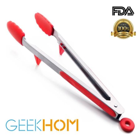 Kitchen Tongs, GEEKHOM Silicone Stainless Steel Tongs for BBQ, Salad, Barbecue, Grilling, Cooking Built-in Stand with Non-slip Silicone Head & Grip (16 inch, Red)