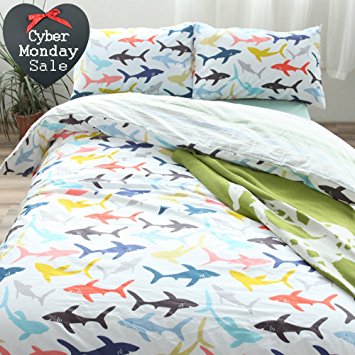 BuLuTu Ocean Whale Sharks Print Cotton Queen Bedding Cover Sets White Hypoallergenic Full Duvet Cover Sets 3 Piece For Kids Boys With 4 Corner Ties