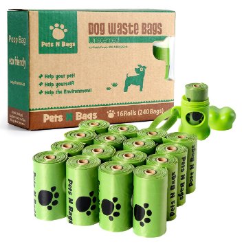 Poop Bags, ** Earth Friendly** Pets N Bags Dog Waste Bags, Refill Rolls (16 Rolls / 240 Count, Unscented) Includes Dispenser