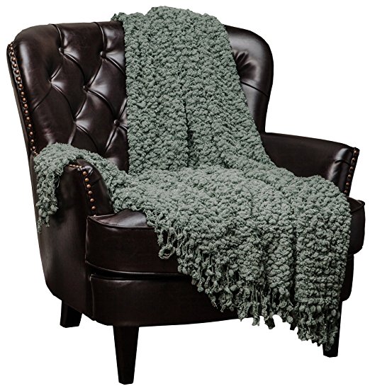 Chanasya Super Soft Beautiful Elegant Decorative Woven Popcorn Texture Couch Bed Olive Throw Blanket With Ball Fringe- Green