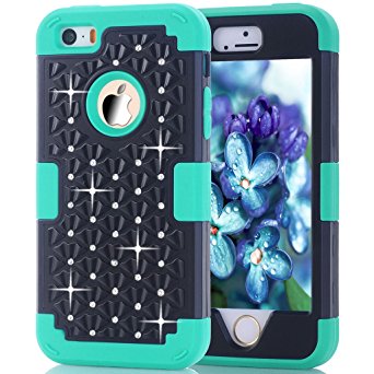 iPhone SE Case, 5s Case, HOcase Rhinestone-Studded Bling Series, Durable Silicone Bumper and Hard PC Shock & Scratch Resistant Case for iPhone SE, iPhone 5s, 5 - Black Turquoise