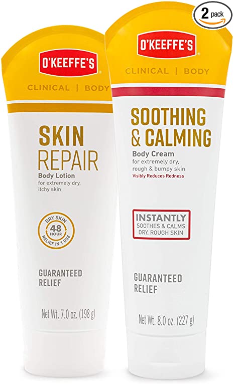 O'Keeffe's 103018 Skin Repair Body Lotion and Dry Skin Moisturizer, 7oz Tube and Soothing & Calming Body Cream, 8oz Tube, White