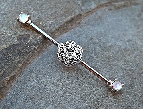 Fire Opal Industrial Barbell with Silver Flower 14ga Body Jewelry Ear Jewelry Double Piercing Upper Ear Jewelry