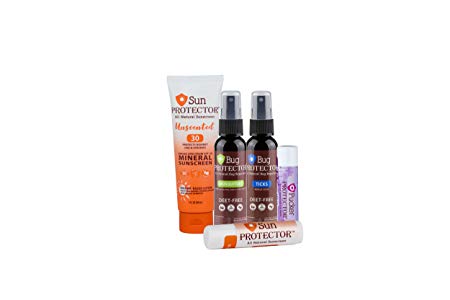 Travel Pack - Includes Travel Size: Sun Protector Mineral Sunscreen Lotion(3oz)   All Natural, DEET Free Mosquito(2oz) & Tick Repellents(2oz)   Pucker Protector Lip Balm Beeswax Beachbum SPF 15