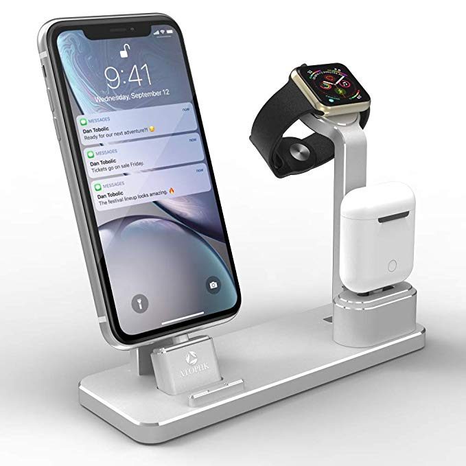 ATOPHK Aluminum Watch Charging Stand AirPods Stand Charging Docks Station Compatible for Apple Watch Series 3/2/1/ AirPods/iPhone X/8/8Plus/7/7 Plus /6S /6S Plus/iPad (Silver)