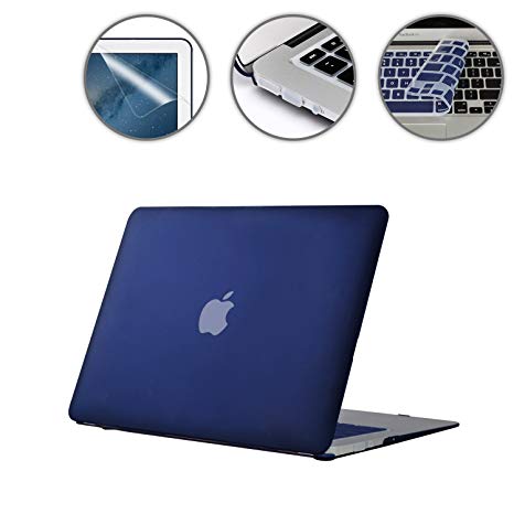 Applefuns Hard Shell Case   Keyboard Cover   Screen Protector   Dust Plug for MacBook Air 13 inch (Models: A1369 and A1466),Navy Blue