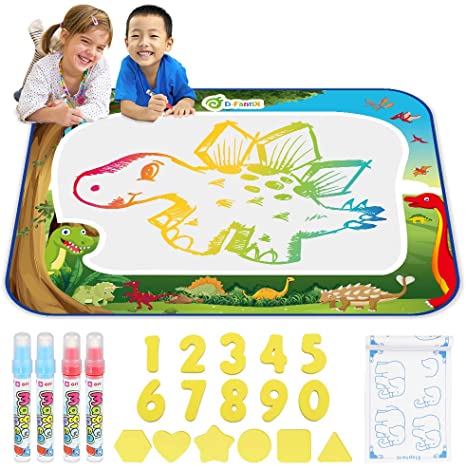 D-FantiX Water Doodle Mat, Large Water Drawing Mat Kids Magic Doodle Board Painting Writing Dinosaur Doodles Pad with 4 Magic Pen Educational Toy Gift for Toddlers Boys Girls Rainbow Colors