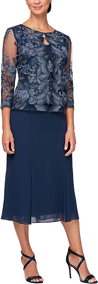 Alex Evenings Women's Plus Size Tea Length Button-Front Jacket Dress